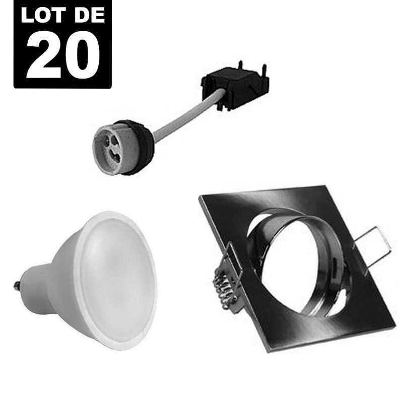 10 Spots carré encastrable orientable Alu brossé avec GU10 LED de 7W eqv. 56W    