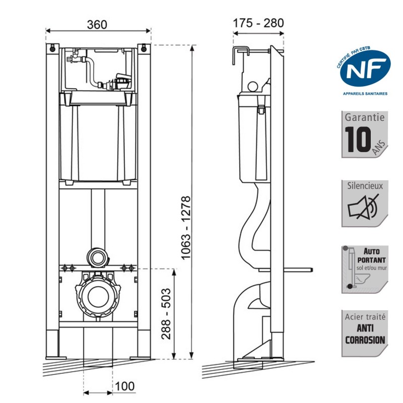 Pack Complet WC Suspendu Bati Autoportant + Cuvette + Plaque Chromé modele CHRONO  