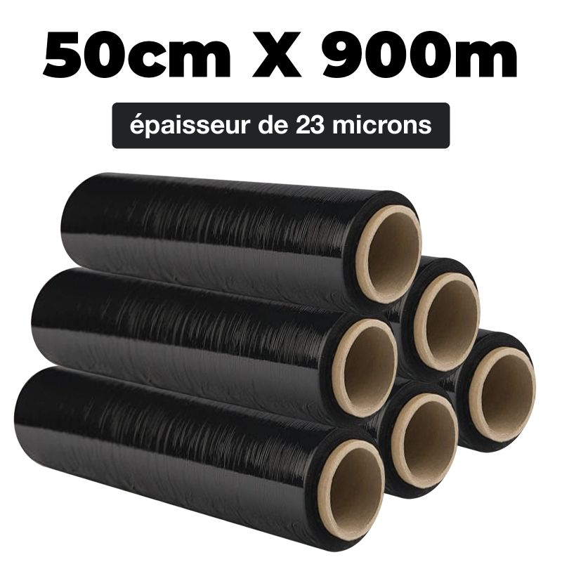 LOT DE 6 ROULEAUX FILM ÉTIRABLE NOIR OPAQUE 50cmx900m et épaisseur de 23 microns µ