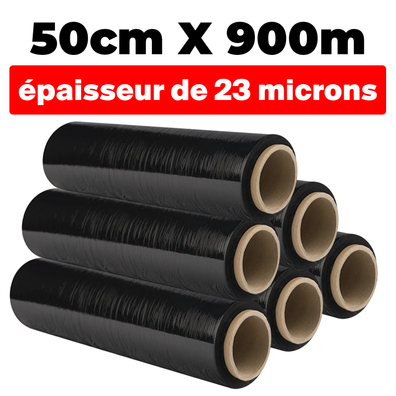 LOT DE 6 ROULEAUX FILM ÉTIRABLE NOIR OPAQUE 50cmx900m et épaisseur de 23 microns µ