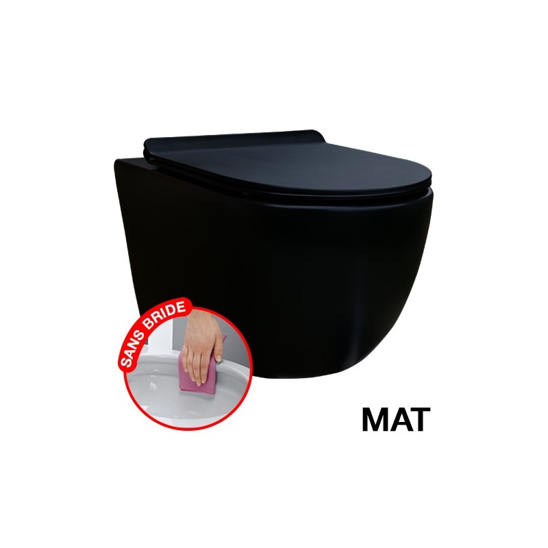 CONFORT - WC Noir Mat suspendu sans bride avec fixations invisibles + abattant ultra fin déclipsable + frein de chute