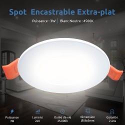 5 Spots LED Encastrables Extra-Plats 3W - Blanc Neutre 4500K