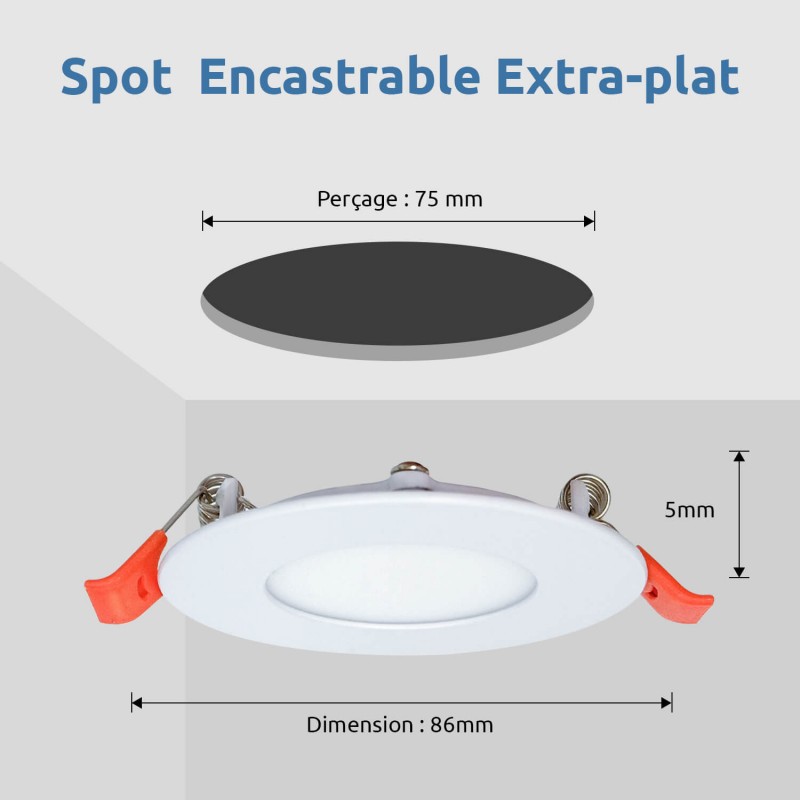 5 Spots LED Encastrables Extra-Plats 3W - Blanc Froid 6000K