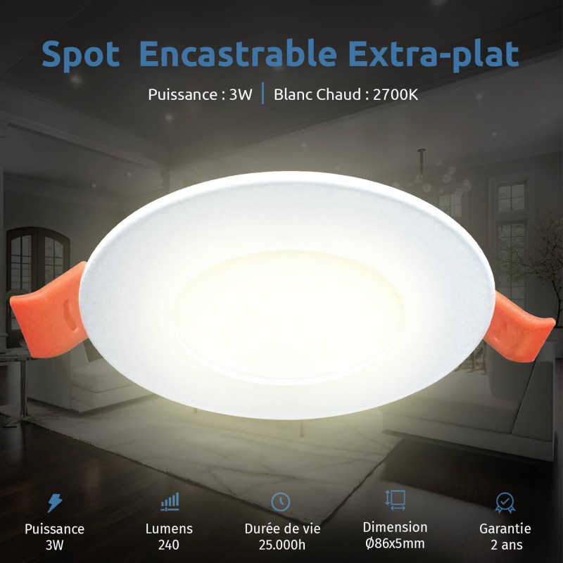 10 Spot Encastrables LED 3W Rond Extra-Plat Blanc Chaud 3000K