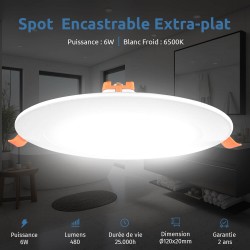 Spot Encastrable LED 6W Rond Extra-Plat Blanc Froid 6000K