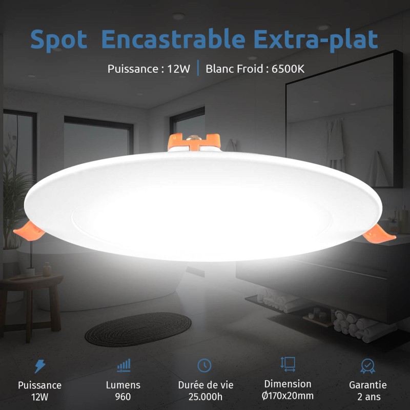 10 Spots LED Encastrables Extra-Plats 12W - Blanc Froid 6000K
