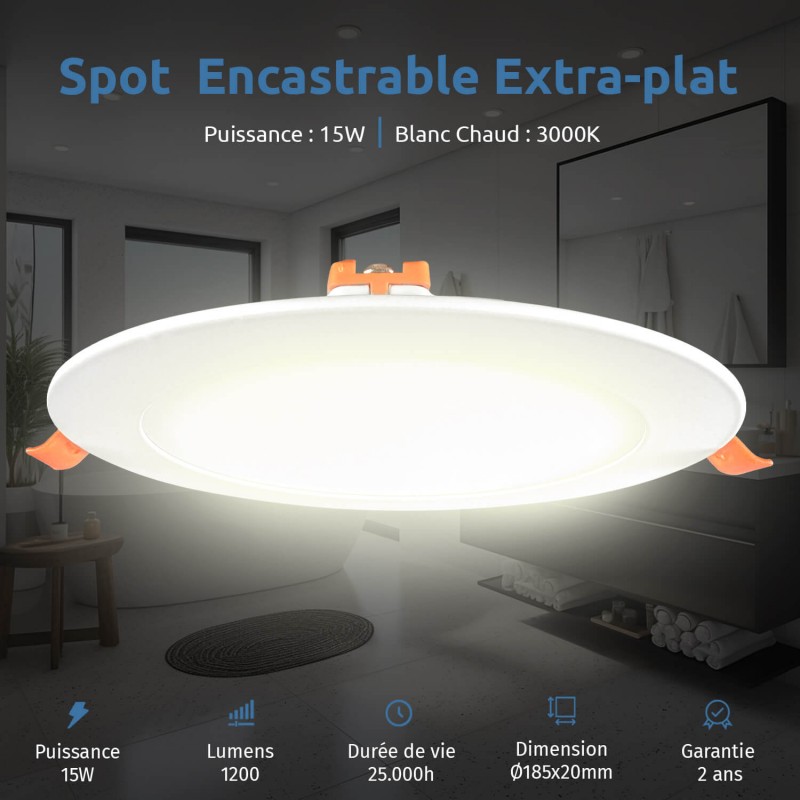 Spot LED Encastrable Extra-Plat 15W - Blanc Chaud 3000K