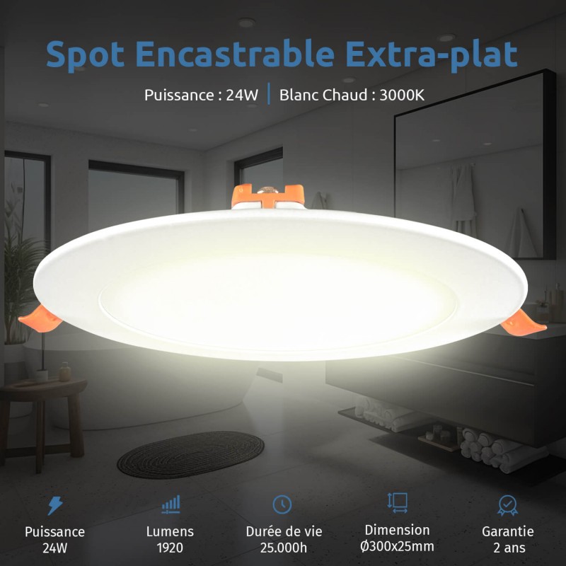 Spot LED Encastrable Extra-Plat 24W - Blanc Chaud 3000K