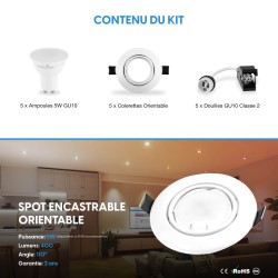 5 Spots Encastrables Orientables BLANC avec Ampoule GU10 LED 5W - Blanc Froid 6000K