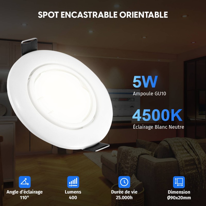5 Spots Encastrables Orientables BLANC avec Ampoule GU10 LED 5W - Blanc Neutre 4500K