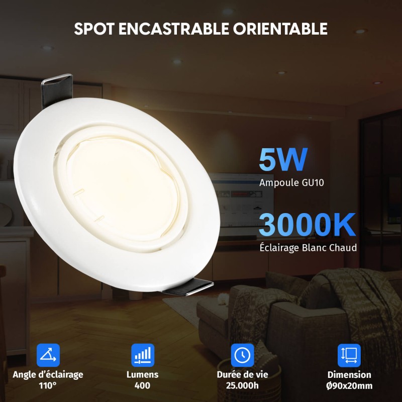 10 Spots Encastrables Orientables BLANC avec Ampoule GU10 LED 5W - Blanc Chaud 3000K