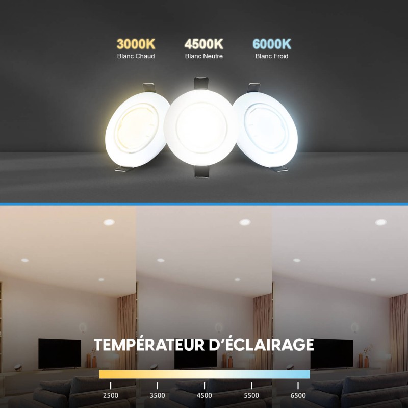 10 Spots Encastrables Orientables BLANC avec Ampoule GU10 LED 5W - Blanc Chaud 3000K