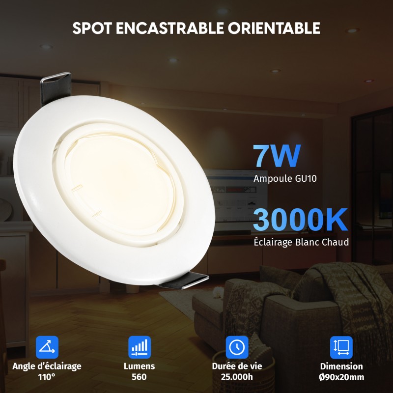 5 Spots Encastrables Orientables BLANC avec Ampoule GU10 LED 7W - Blanc Chaud 3000K
