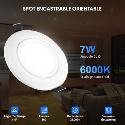 5 Spots Encastrables Orientables BLANC avec Ampoule GU10 LED 7W - Blanc Froid 6000K