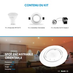 15 Spots Encastrables Orientables BLANC avec Ampoule GU10 LED 5W - Blanc Neutre 4500K