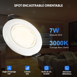 15 Spots Encastrables Orientables BLANC avec Ampoule GU10 LED 7W - Blanc Chaud 3000K