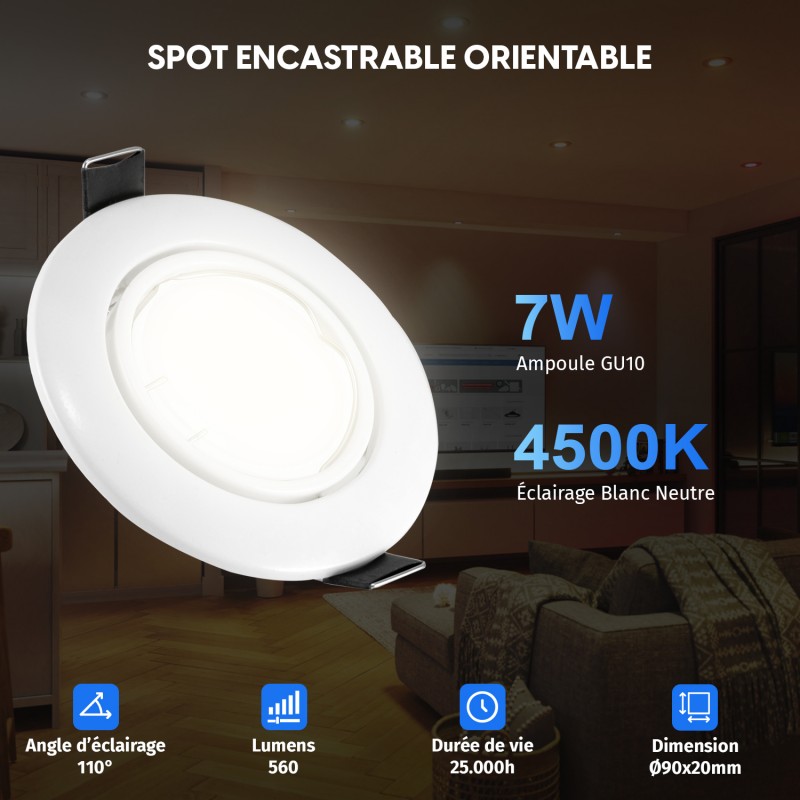 15 Spots Encastrables Orientables BLANC avec Ampoule GU10 LED 7W - Blanc Neutre 4500K