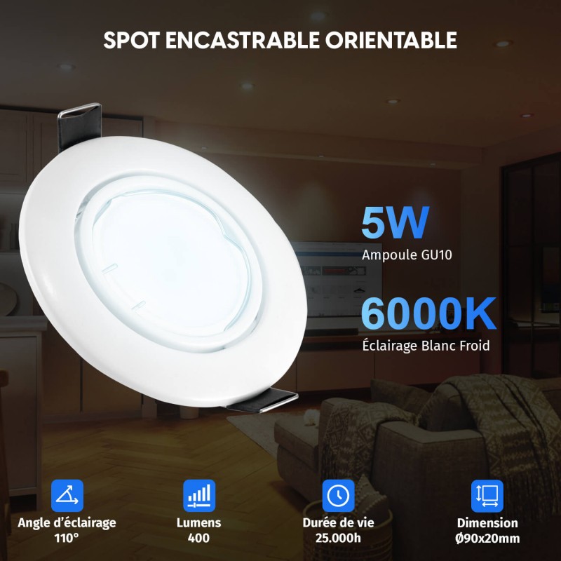 30 Spots Encastrables Orientables BLANC avec Ampoule GU10 LED 5W - Blanc Froid 6000K