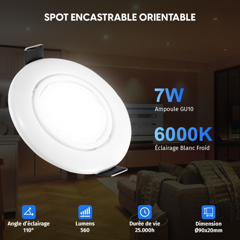 30 Spots Encastrables Orientables BLANC avec Ampoule GU10 LED 7W - Blanc Froid 6000K