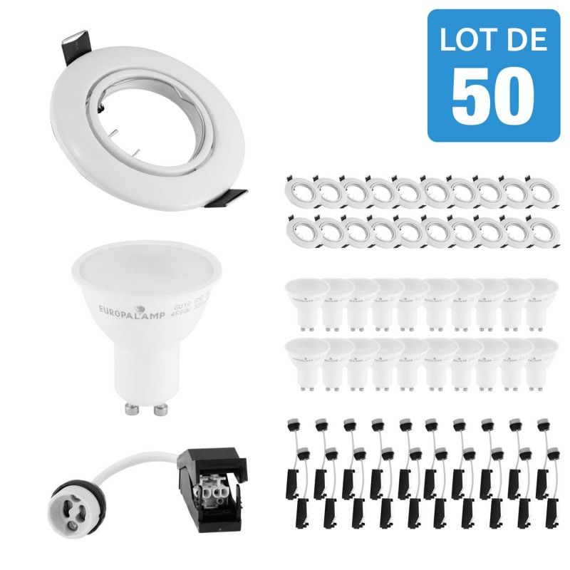 50 Spots Encastrables Orientables BLANC avec Ampoule GU10 LED 7W - Blanc Chaud 3000K