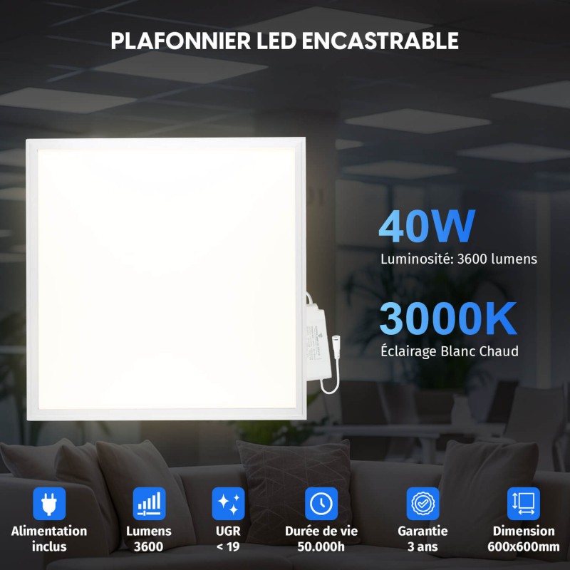 50 Dalles LED 600x600 - Luminosité 3600 lm | Blanc chaud 3000K