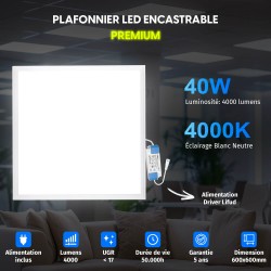 4 Dalles LED PREMIUM 600x600 - Luminosité 4000 lm | Blanc Neutre 4000K