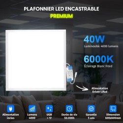 6 Dalles LED PREMIUM 600x600 - Luminosité 4000 lm | Blanc Froid 6000K