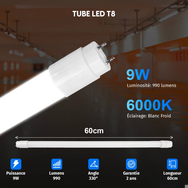 Tube LED T8 - 60cm - 9W - Blanc Froid 6000K