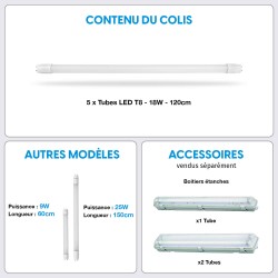 5 Tubes LED T8 120cm 18W Blanc Neutre 4500K