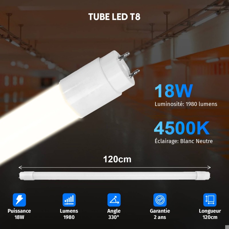 5 Tubes LED T8 120cm 18W Blanc Neutre 4500K