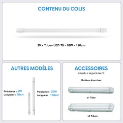 20 Tubes LED T8 120cm 18W Blanc Froid 6000K