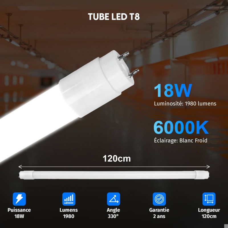 20 Tubes LED T8 120cm 18W Blanc Froid 6000K