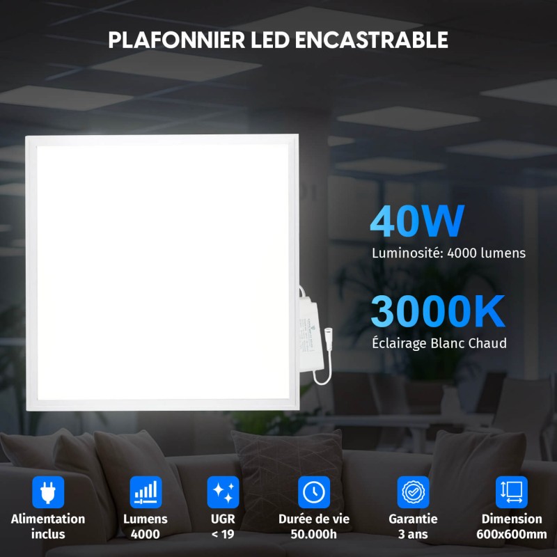 2 Dalles LED 600x600 - 40W Blanc Chaud 3000K
