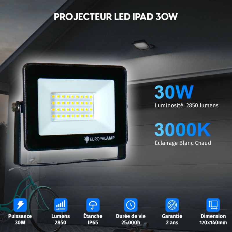 10 Projecteurs LED 30W Black Ipad - Blanc Chaud 3000K