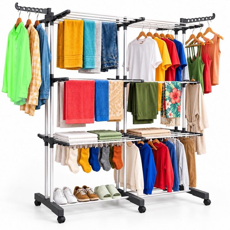 CORIBI – Étendoir à Linge Vertical Extensible 4 Niveaux avec Roulettes et Ailes Pliables