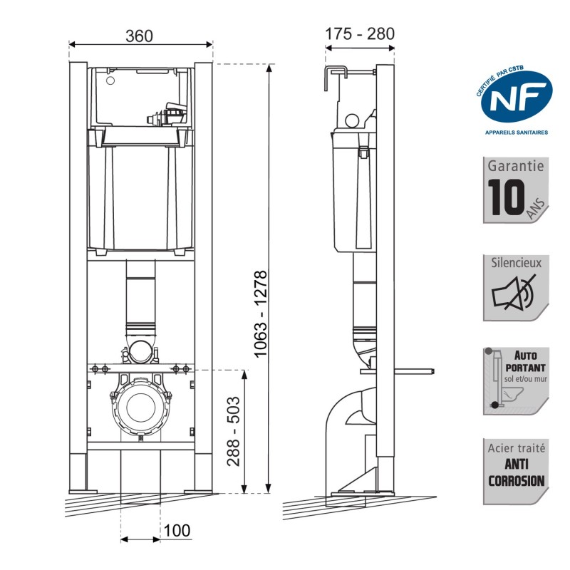 Pack Complet WC Suspendu Bati Autoportant + Cuvette + Plaque Chromé modele CHRONO  