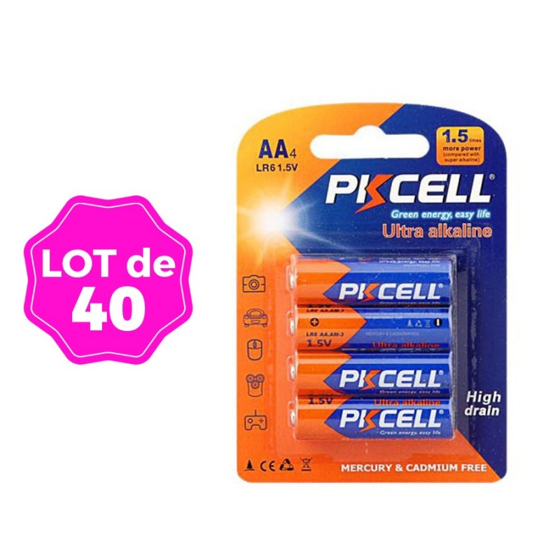 Lot de 40 Piles AA LR6 Ultra Alcaline PKCell 1.5V