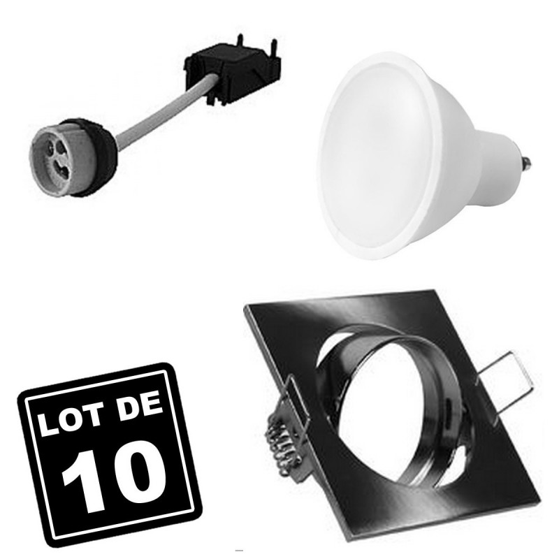 10 Spots carré encastrable orientable Alu brossé avec GU10 LED de 7W eqv. 56W    