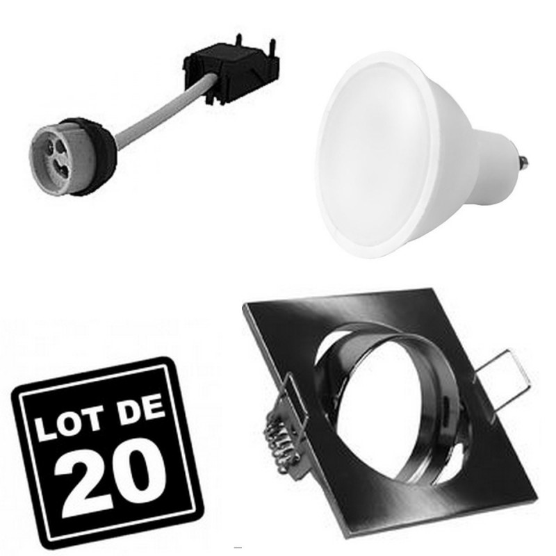 10 Spots carré encastrable orientable Alu brossé avec GU10 LED de 7W eqv. 56W    