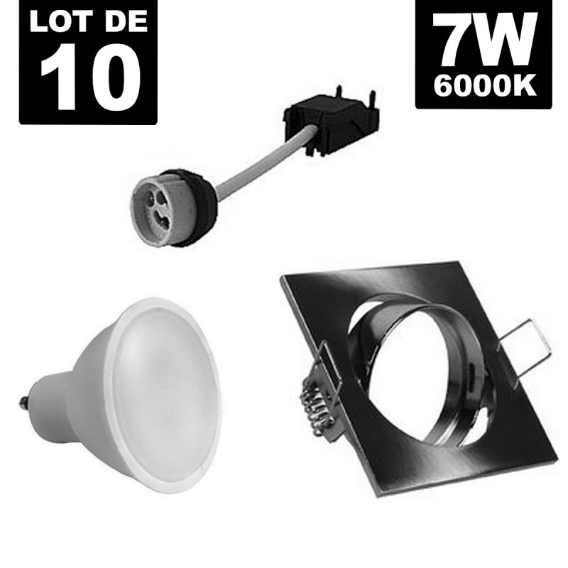 10 Spots carré encastrable orientable Alu brossé avec GU10 LED de 7W eqv. 56W    