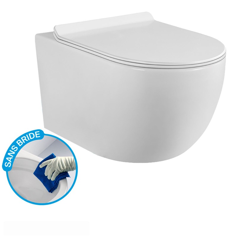 Pack Complet WC Sans Bride Bati INITIO + Cuvette + Plaque Blanche modele DESIGN