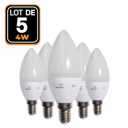 5 ampoules LED flamme E14 4W 4500K Haute Luminosité