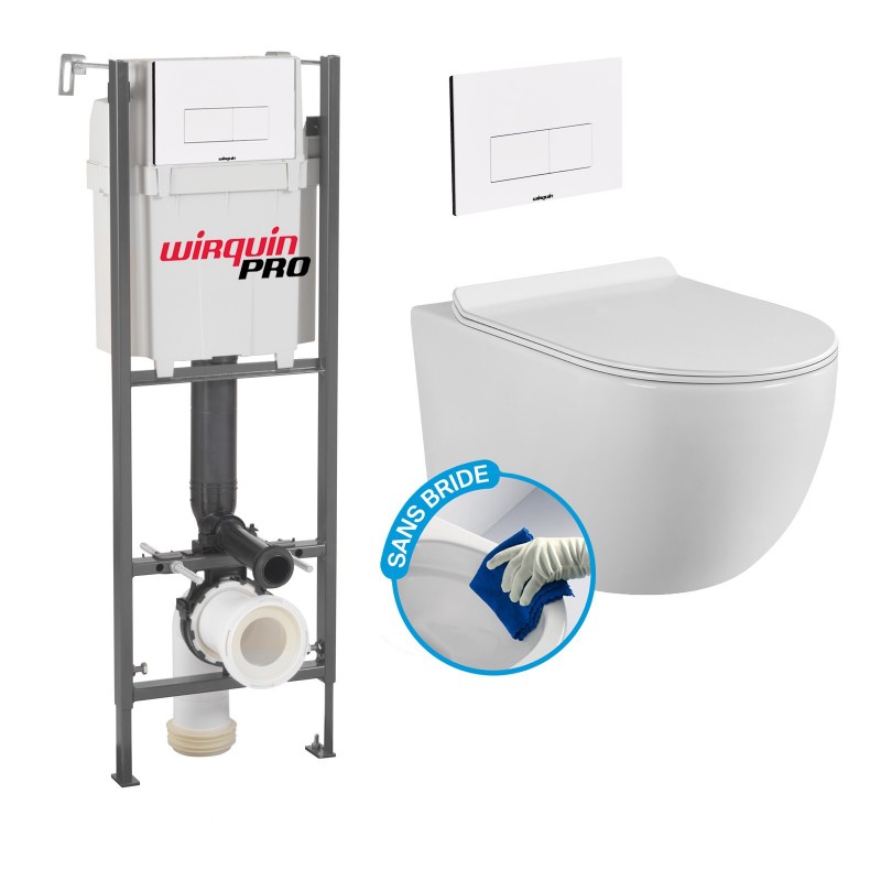 Pack Complet WC Sans Bride Bati INITIO + Cuvette + Plaque Blanche modele DESIGN