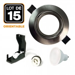 Lot de 15 Spots LED 5W Encastrable et orientable complet en Alu brossé avec Ampoule GU10 Blanc Neutre 