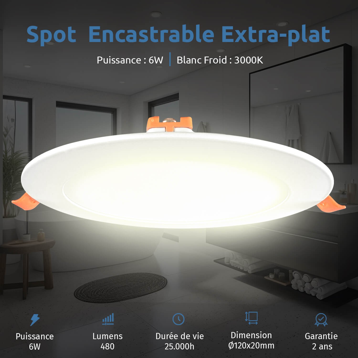 Lot de 5 Spots LED Encastrables Extra-Plats 6W - Blanc Chaud 3000K